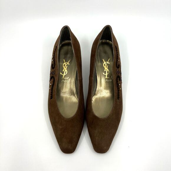 YSL Brown Suede Kitten Heel Pumps Women's 6.5 US NEW - Picture 5 of 9